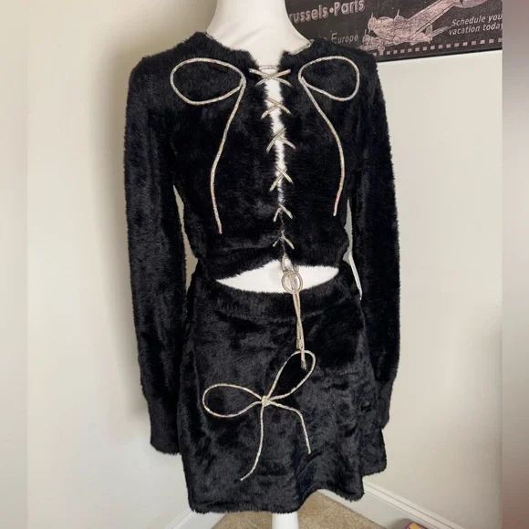 For Love And Lemons Black Faux Fur Rhinestone Top & Skirt Set NW/OT, M/L - Picture 3 of 7